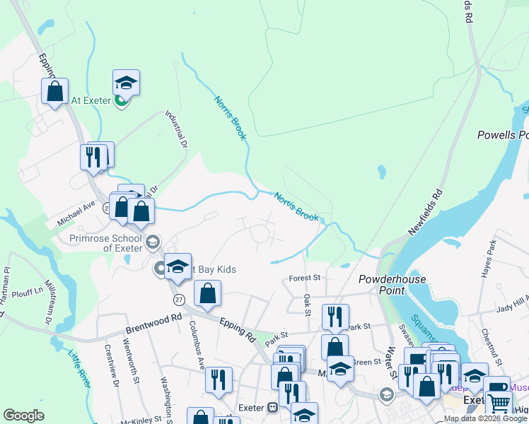 map of restaurants, bars, coffee shops, grocery stores, and more near 6 Brookside Drive in Exeter