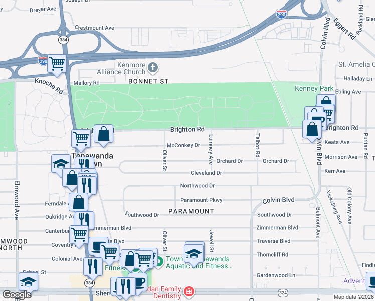 map of restaurants, bars, coffee shops, grocery stores, and more near 235 McConkey Drive in Buffalo