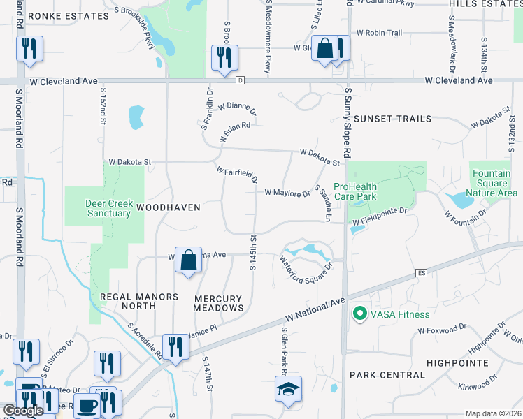 map of restaurants, bars, coffee shops, grocery stores, and more near 3010 South 145th Street in New Berlin