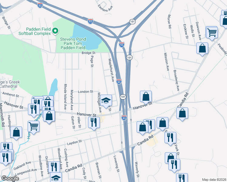 map of restaurants, bars, coffee shops, grocery stores, and more near 149 Beaver Street in Manchester