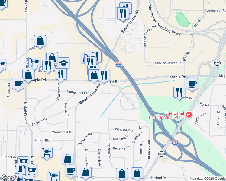 map of restaurants, bars, coffee shops, grocery stores, and more near 536 Homecrest Drive in Buffalo