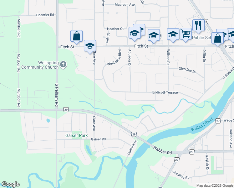 map of restaurants, bars, coffee shops, grocery stores, and more near in Welland