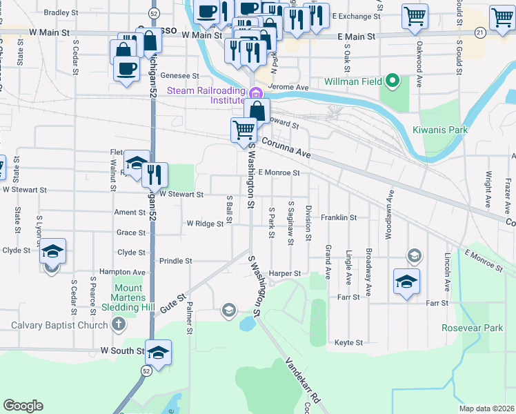map of restaurants, bars, coffee shops, grocery stores, and more near 814 South Washington Street in Owosso