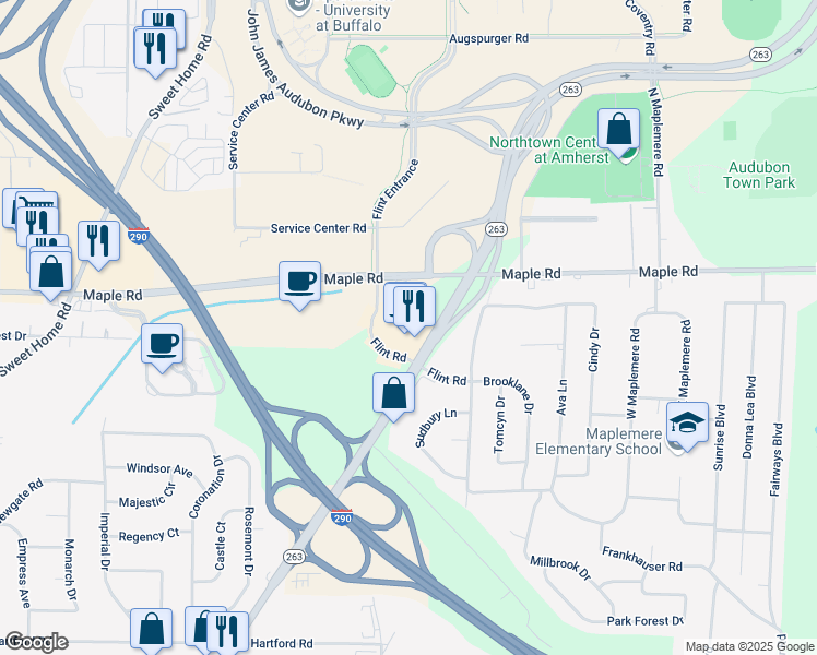 map of restaurants, bars, coffee shops, grocery stores, and more near 1430 Millersport Highway in Buffalo