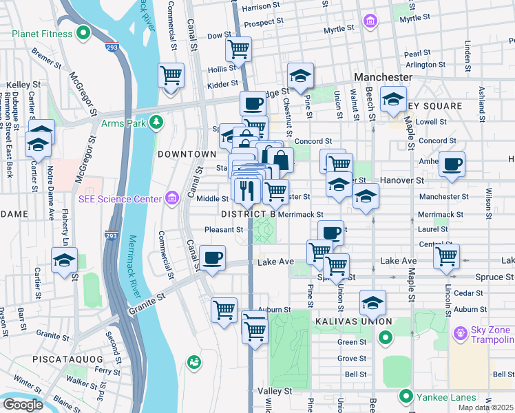 map of restaurants, bars, coffee shops, grocery stores, and more near in Manchester