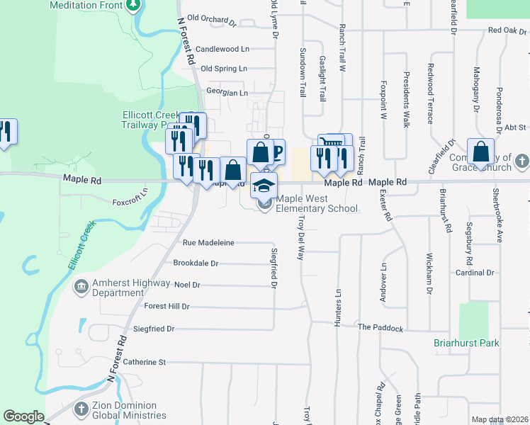 map of restaurants, bars, coffee shops, grocery stores, and more near 851 Maple Road in Buffalo