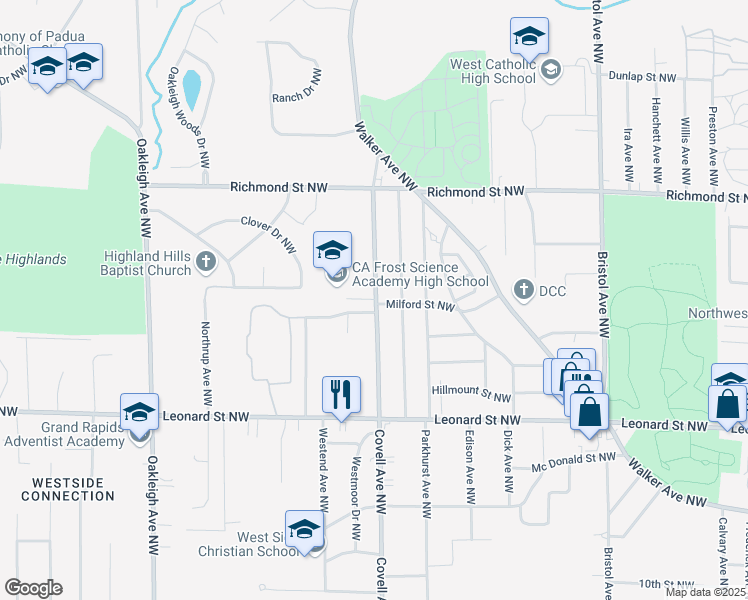 map of restaurants, bars, coffee shops, grocery stores, and more near 1417 Covell Avenue Northwest in Grand Rapids