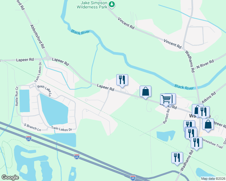 map of restaurants, bars, coffee shops, grocery stores, and more near 5629 Lapeer Road in Smiths Creek