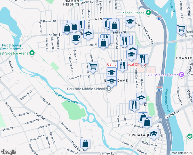 map of restaurants, bars, coffee shops, grocery stores, and more near 316 Bartlett Street in Manchester