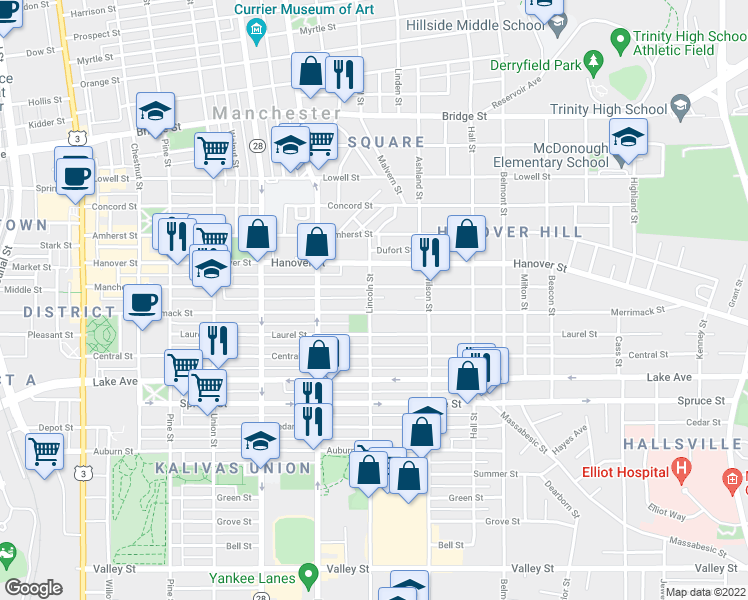 map of restaurants, bars, coffee shops, grocery stores, and more near 511 Lincoln Street in Manchester