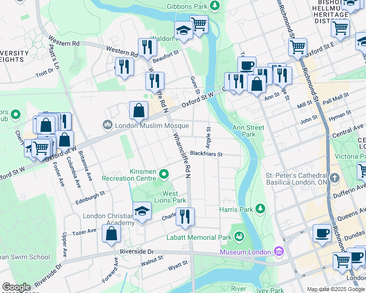 map of restaurants, bars, coffee shops, grocery stores, and more near 199 Wharncliffe Road North in London
