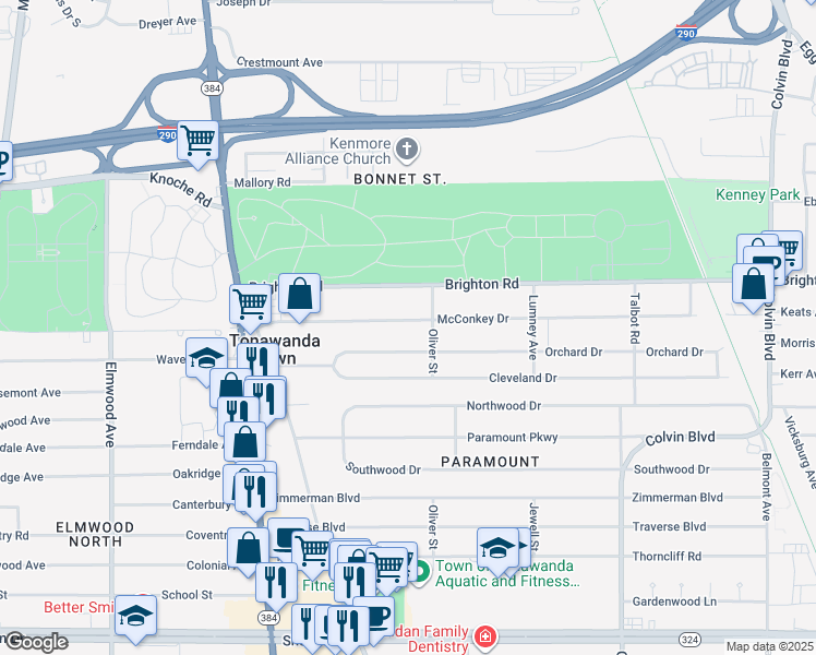 map of restaurants, bars, coffee shops, grocery stores, and more near 157 McConkey Drive in Buffalo