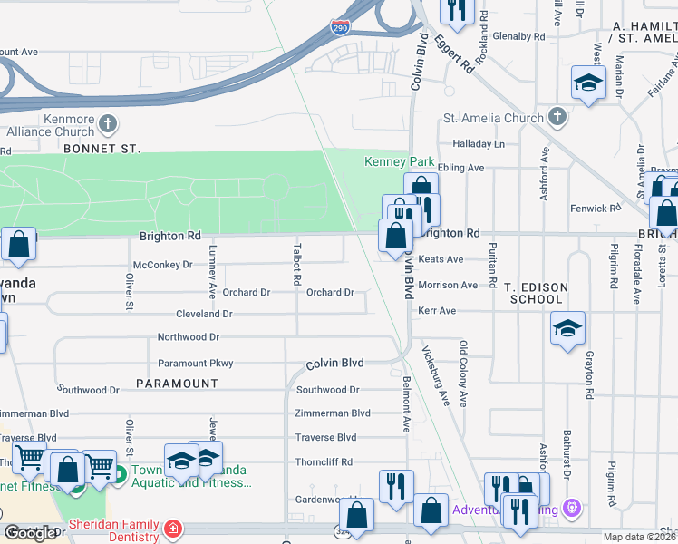 map of restaurants, bars, coffee shops, grocery stores, and more near 439 McConkey Drive in Buffalo