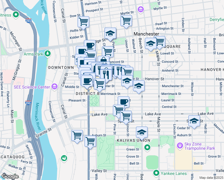 map of restaurants, bars, coffee shops, grocery stores, and more near 100 Merrimack Street in Manchester
