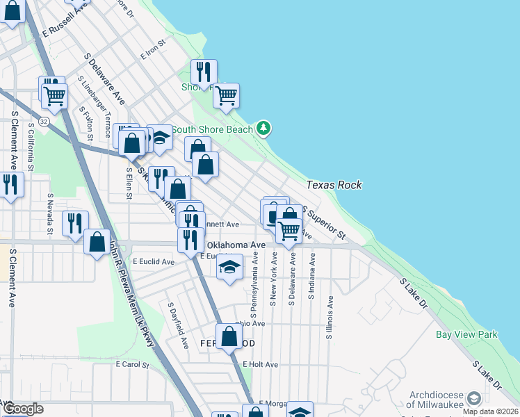 map of restaurants, bars, coffee shops, grocery stores, and more near 2990 South Wentworth Avenue in Milwaukee