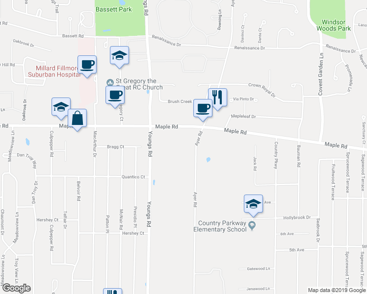 map of restaurants, bars, coffee shops, grocery stores, and more near 436 Ayer Road in Buffalo
