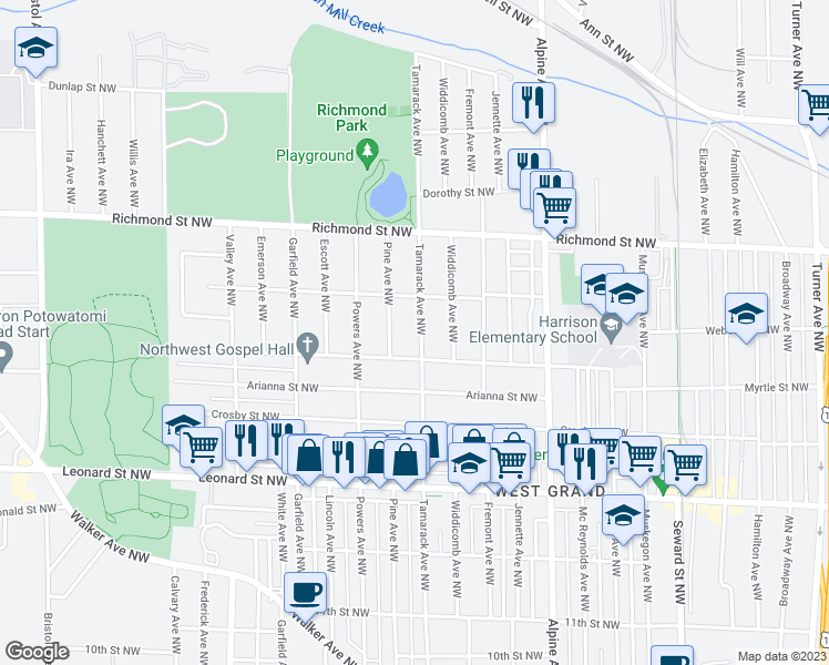 map of restaurants, bars, coffee shops, grocery stores, and more near 1425 Tamarack Avenue Northwest in Grand Rapids