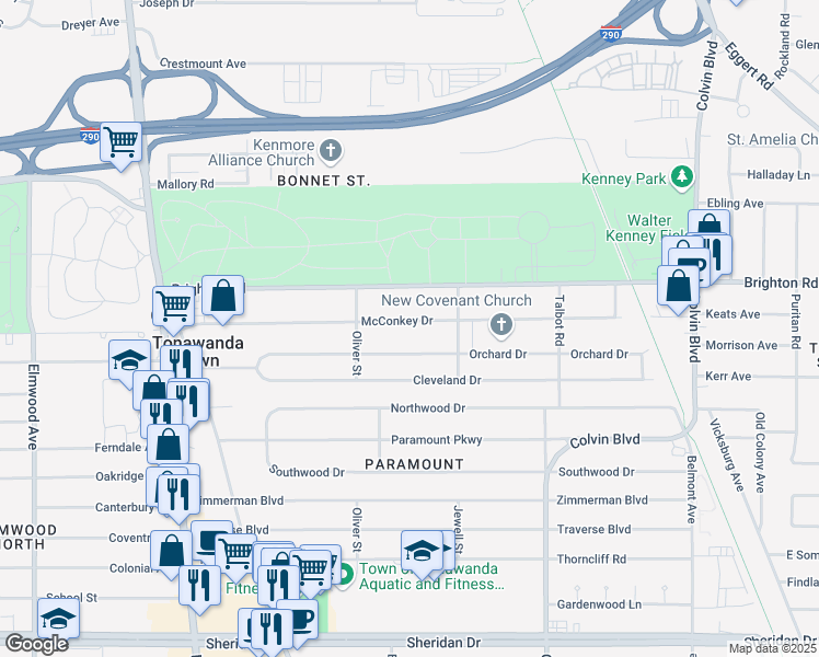 map of restaurants, bars, coffee shops, grocery stores, and more near 239 McConkey Drive in Buffalo