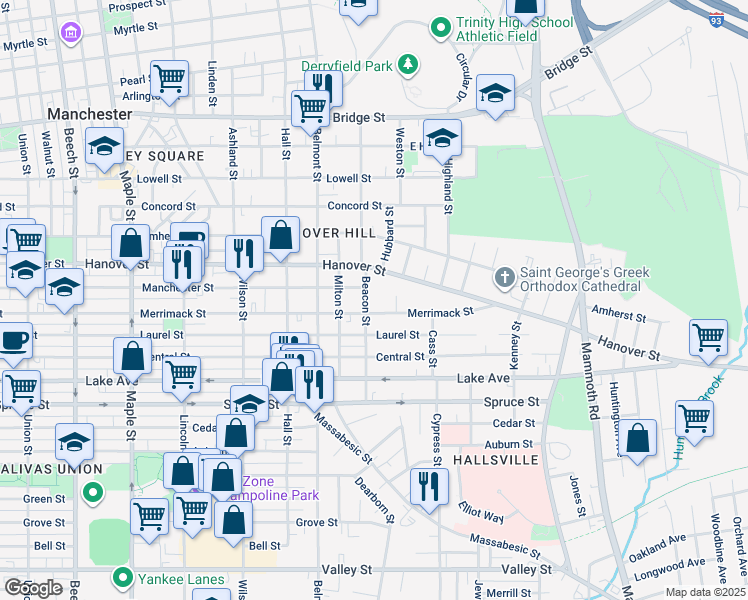map of restaurants, bars, coffee shops, grocery stores, and more near 522 Merrimack Street in Manchester