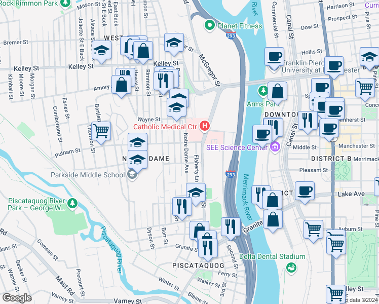 map of restaurants, bars, coffee shops, grocery stores, and more near 30 Putnam Street in Manchester