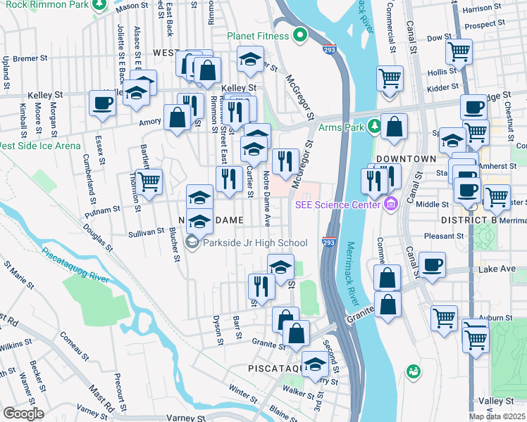 map of restaurants, bars, coffee shops, grocery stores, and more near 30 Putnam Street in Manchester