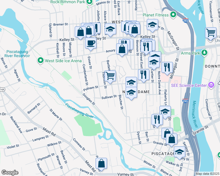map of restaurants, bars, coffee shops, grocery stores, and more near 316 Bartlett Street in Manchester