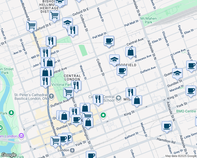 map of restaurants, bars, coffee shops, grocery stores, and more near in London