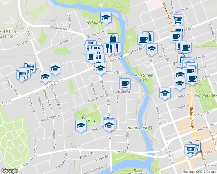 map of restaurants, bars, coffee shops, grocery stores, and more near 79 Blackfriars Street in London