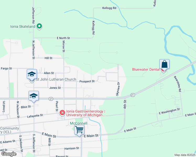 map of restaurants, bars, coffee shops, grocery stores, and more near 836 Prospect Street in Ionia
