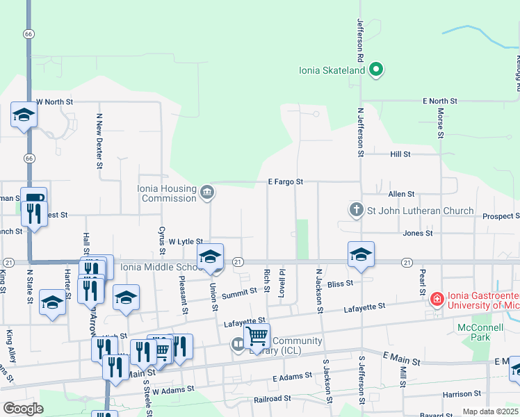 map of restaurants, bars, coffee shops, grocery stores, and more near 645 Rich Street in Ionia