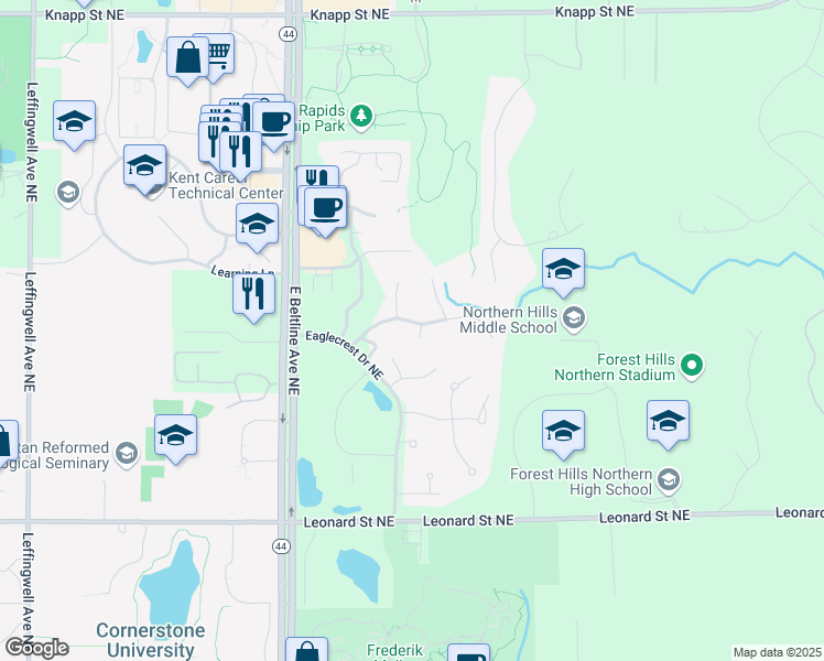 map of restaurants, bars, coffee shops, grocery stores, and more near 1548 Falcon Crest Drive Northeast in Grand Rapids