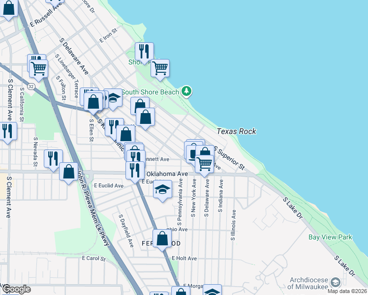 map of restaurants, bars, coffee shops, grocery stores, and more near 2990 South Wentworth Avenue in Milwaukee