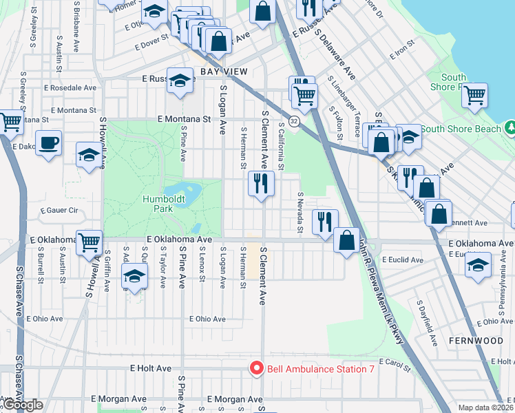 map of restaurants, bars, coffee shops, grocery stores, and more near 2986 South Clement Avenue in Milwaukee