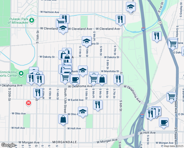 map of restaurants, bars, coffee shops, grocery stores, and more near 3001 South 9th Place in Milwaukee