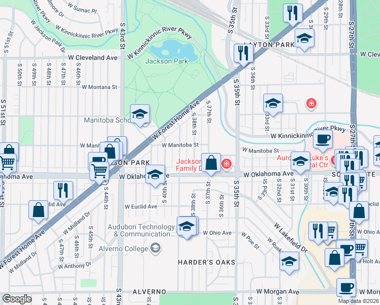 map of restaurants, bars, coffee shops, grocery stores, and more near 3010 South 38th Street in Milwaukee
