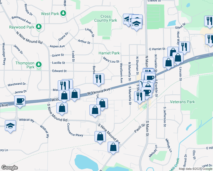 map of restaurants, bars, coffee shops, grocery stores, and more near 405 Rita Avenue in Verona