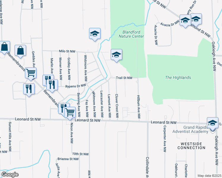 map of restaurants, bars, coffee shops, grocery stores, and more near 1399 Lamont Avenue Northwest in Grand Rapids