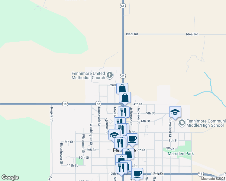 map of restaurants, bars, coffee shops, grocery stores, and more near 280 Madison Street in Fennimore