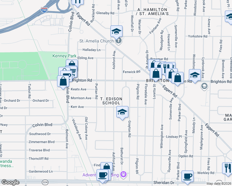 map of restaurants, bars, coffee shops, grocery stores, and more near 329 Ashford Avenue in Tonawanda