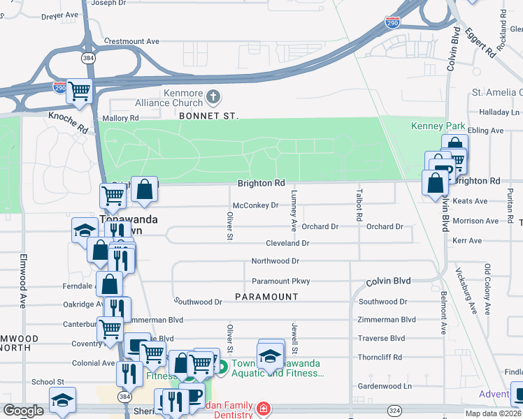 map of restaurants, bars, coffee shops, grocery stores, and more near 235 McConkey Drive in Buffalo