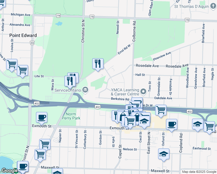 map of restaurants, bars, coffee shops, grocery stores, and more near 938 Wedgewood Avenue in Sarnia