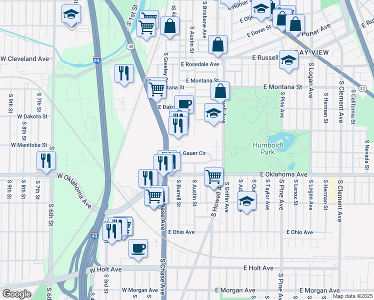 map of restaurants, bars, coffee shops, grocery stores, and more near 210 East Gauer Circle in Milwaukee