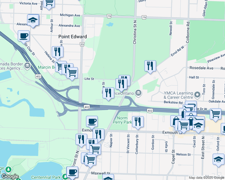 map of restaurants, bars, coffee shops, grocery stores, and more near 913 Simpson Street in Point Edward