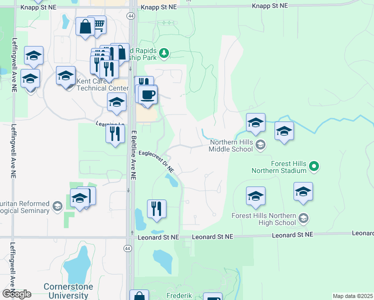 map of restaurants, bars, coffee shops, grocery stores, and more near 1548 Falcon Crest Drive Northeast in Grand Rapids