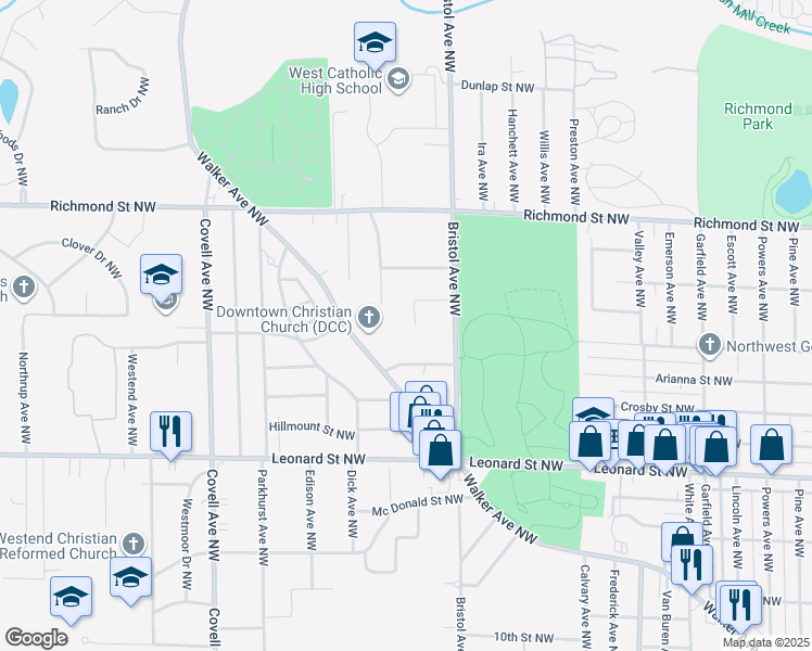 map of restaurants, bars, coffee shops, grocery stores, and more near 1671 Lockhart Drive Northwest in Grand Rapids