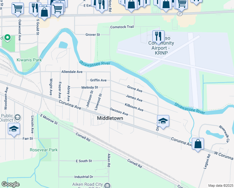 map of restaurants, bars, coffee shops, grocery stores, and more near 1828 James Avenue in Owosso