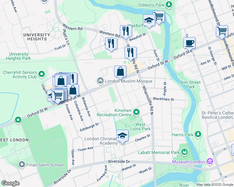 map of restaurants, bars, coffee shops, grocery stores, and more near 222 Rathowen Street in London