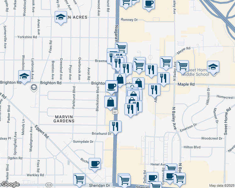 map of restaurants, bars, coffee shops, grocery stores, and more near 1303 Niagara Falls Boulevard in Buffalo