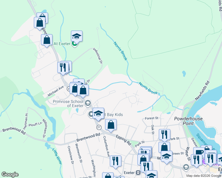 map of restaurants, bars, coffee shops, grocery stores, and more near 3 Meeting Place Drive in Exeter