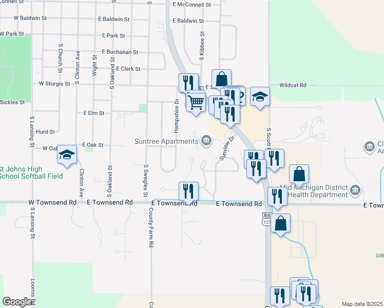map of restaurants, bars, coffee shops, grocery stores, and more near 1200 Glastonbury Drive in Saint Johns
